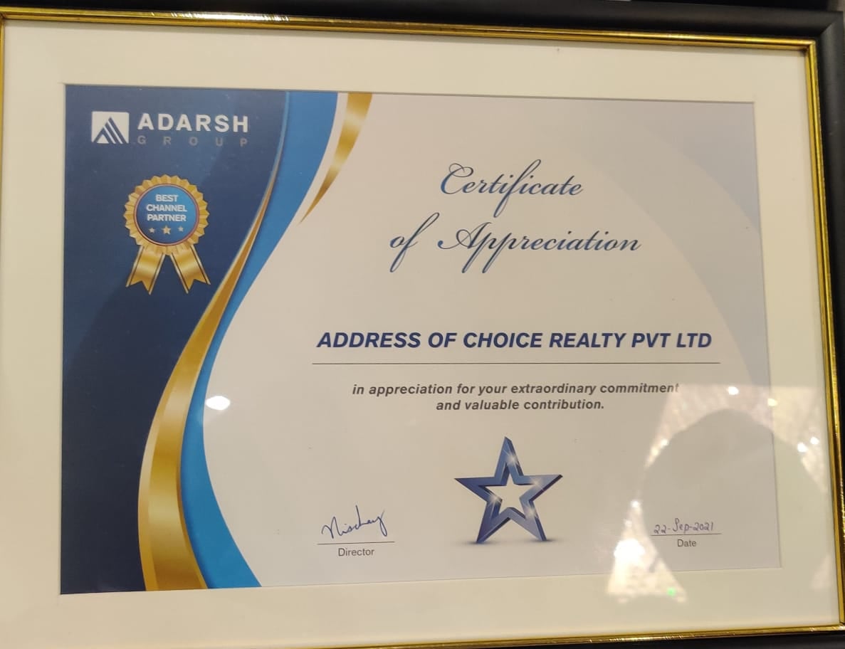CERTIFICATE OF APPRECIATION  Presented by Adarsh Group to Addressofchoice Realty Pvt Ltd-Bangalore