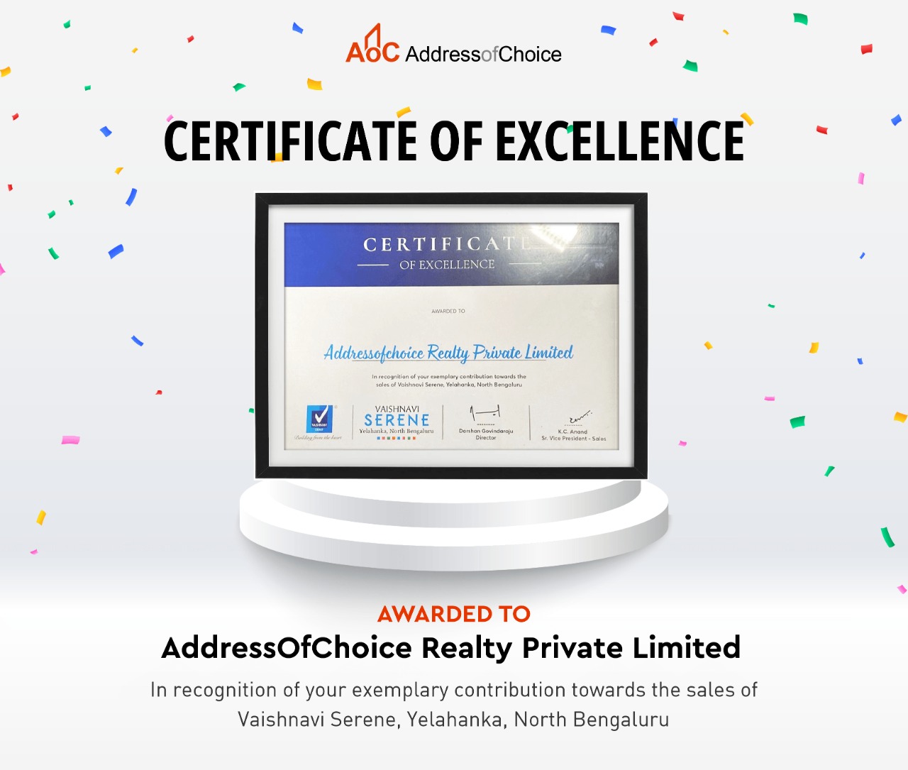 CERTIFICATE OF EXCELLENCE From Vaishnavi Group