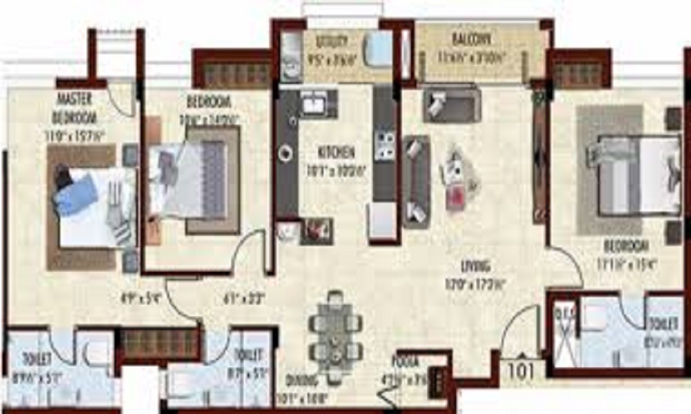 2 BHK+2T 1200/sqft-saleable Sqft Apartment For Sale In Bhaggyam Samrudhhi In Perungudi Floor Plan