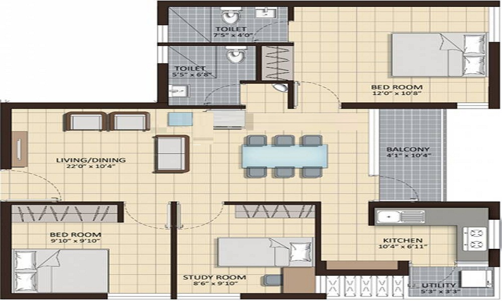 2 BHK+2T 609/sqft-saleable  Sqft Apartment For Sale In MARG Properties Marg Brindavan In Sriperumbudur Floor Plan