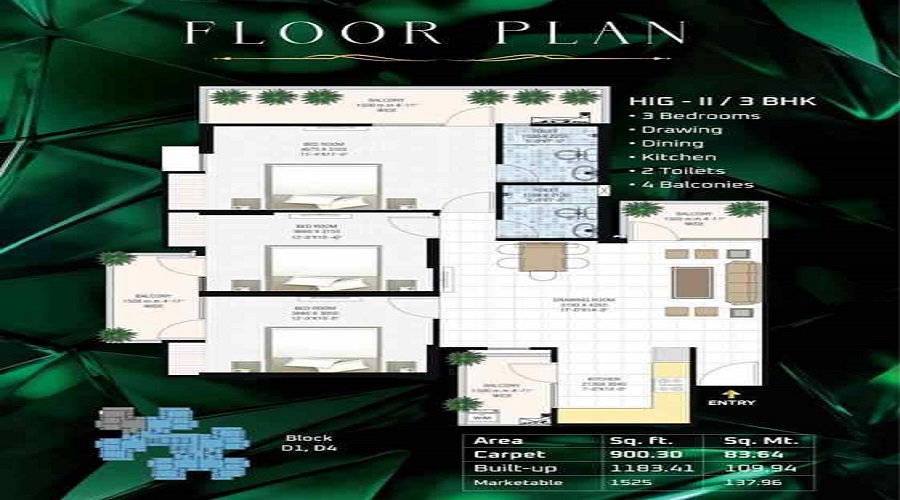 3 BHK+3T 1485/sqft-carpet Sqft Apartment For Sale In Panchsheel Greens 2 In Noida Extension Floor Plan