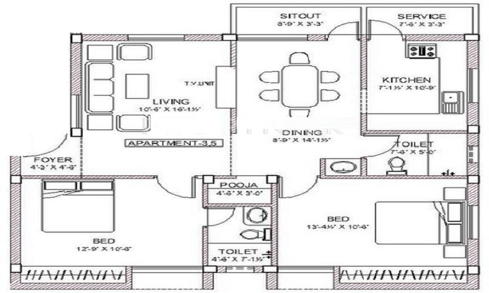 3 BHK+3T 1952/sqft-saleable Sqft Apartment For Sale In Pushkar Properties Lakshmi Terrace In Anna Nagar Floor Plan