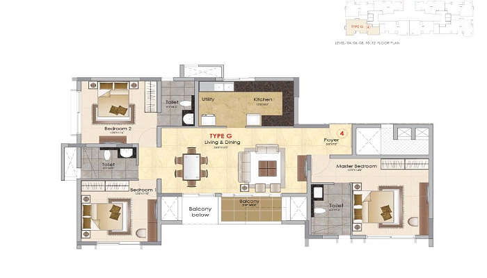 2 BHK+2T 1169/sqft-saleable Sqft Apartment For Sale In Prestige MSR In Mathikere Floor Plan