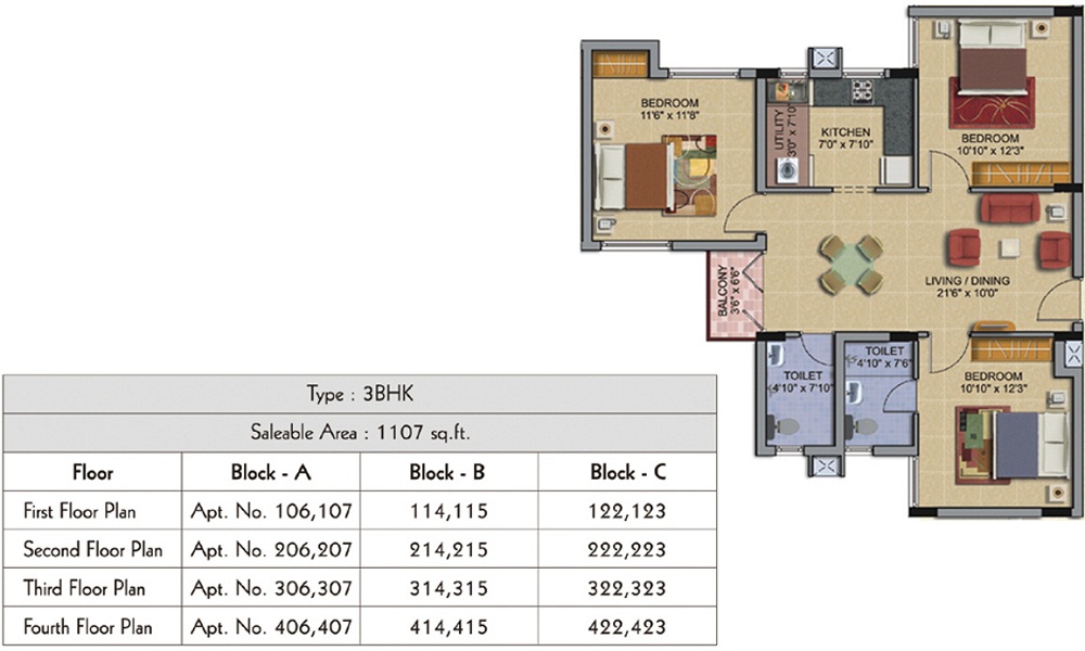 1 BHK+1T 677/sqft-saleable Sqft Apartment For Sale In RSK Housing Orchid Garden In Navallur Floor Plan
