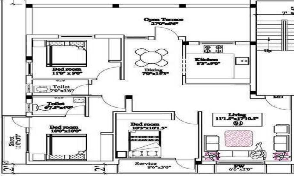 2 BHK+2T 830/sqft-saleable Sqft Apartment For Sale In Sri Krishna Sri Indraprastha In Sriram Nagar Floor Plan