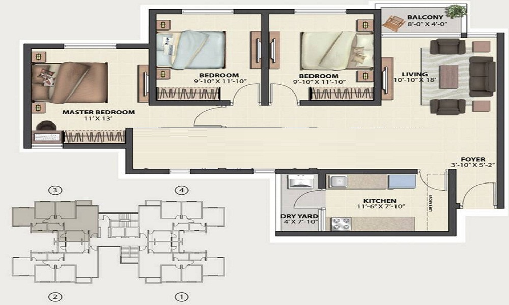2 BHK+2T 986/sqft-saleable Sqft Apartment For Sale In TATA Housing Crescent Lake Homes In Padappai Floor Plan