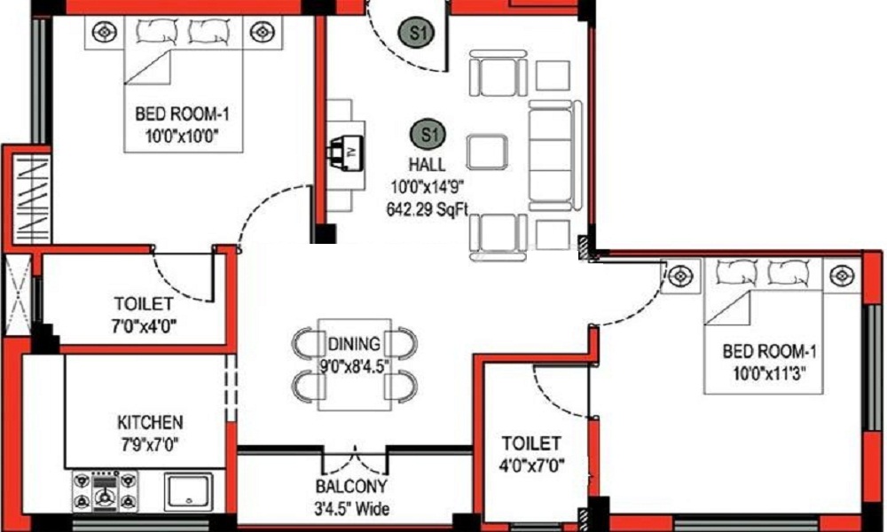 1 BHK+1T 405/sqft-saleable Sqft Apartment For Sale In JKB SRI RATNA In Mugalivakkam Floor Plan