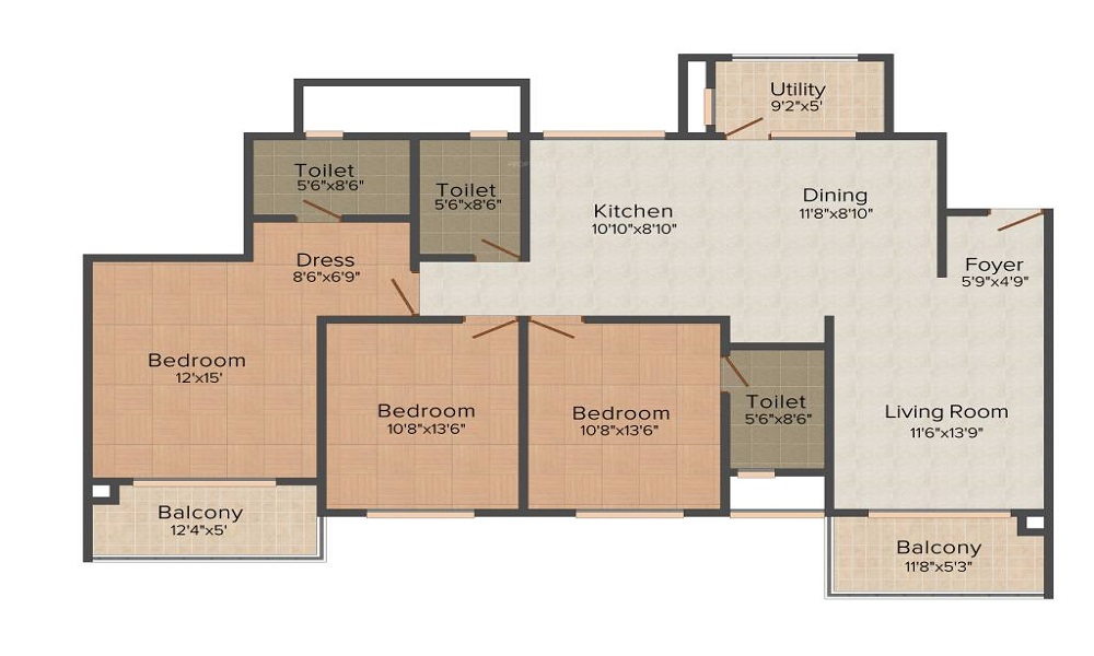 2 BHK+2T 1020/sqft-saleable Sqft Apartment For Sale In SVR Pride In Whitefield Floor Plan