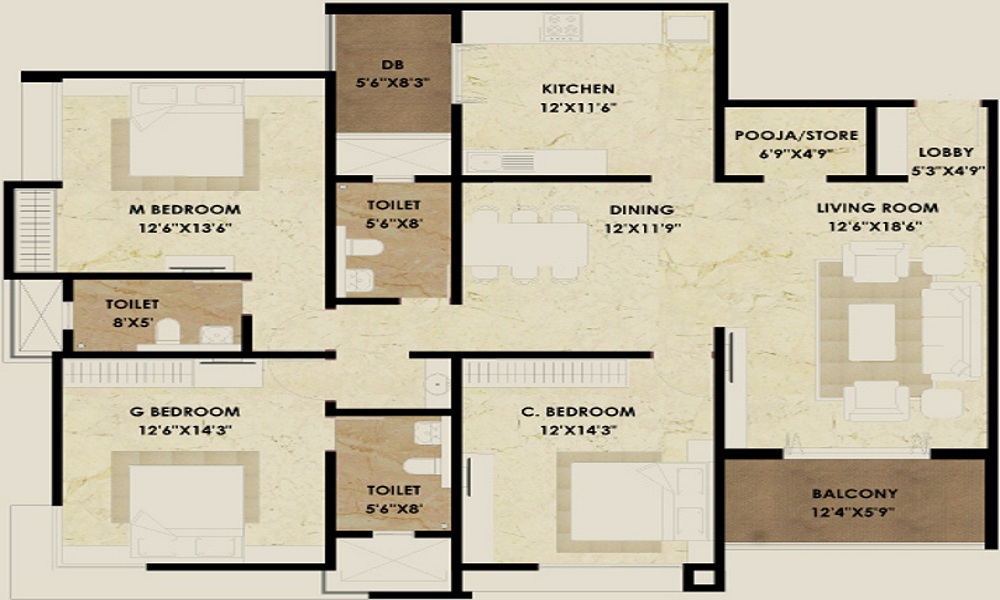 2 BHK+2T 1175/sqft-saleable Sqft Apartment For Sale In Pride Enchanta In Mysore Road Floor Plan