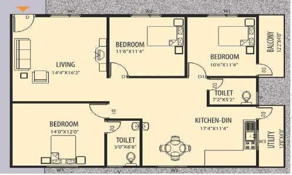 2 BHK+2T 1023/sqft-saleable Sqft Apartment For Sale In PYRAMID BANKSIA In Yelahanka Floor Plan