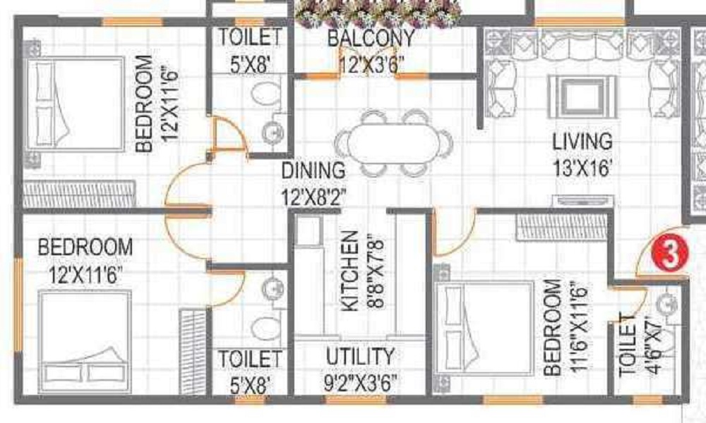 2 BHK+2T 930/sqft-saleable Sqft Apartment For Sale In Adithya Elan In Whitefield Floor Plan