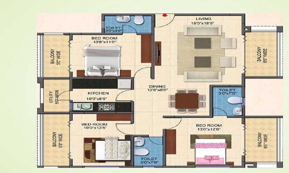 2 BHK+2T 1080/sqft-saleable Sqft Apartment For Sale In Kotle Patil Whispering Meadows In Dollars Colony Floor Plan