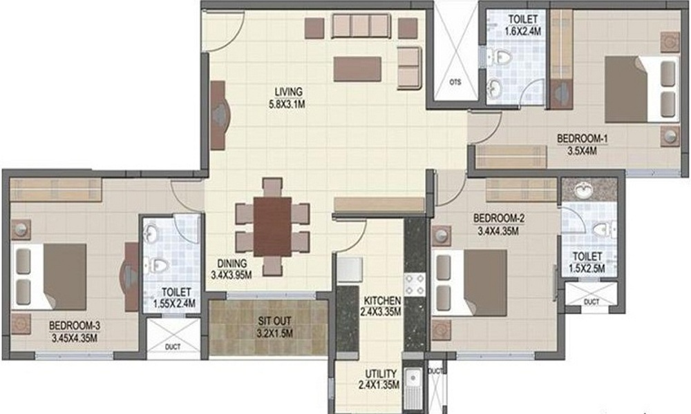 2 BHK+2T 1298/sqft-saleable Sqft Apartment For Sale In Prestige Silver Dale In Sarjapur Road Floor Plan