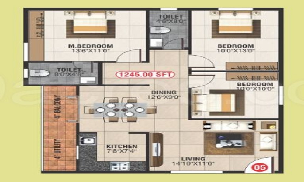 2 BHK+2T 1052/sqft-saleable Sqft Apartment For Sale In Abhee Daffodils In Balagere Floor Plan
