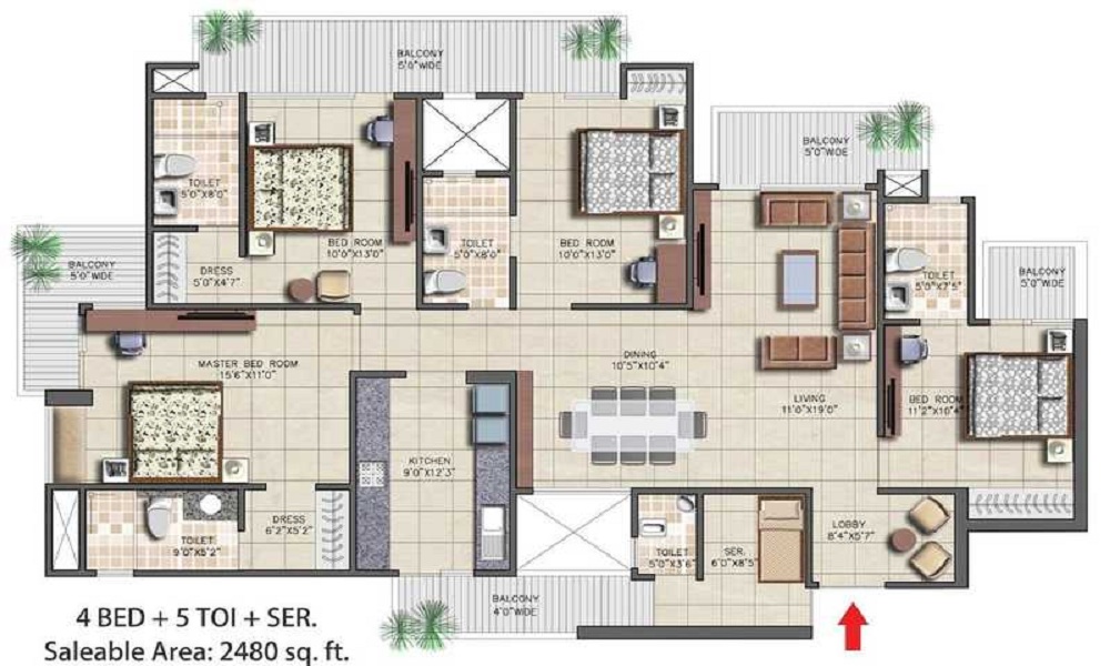 2 BHK+2T 890/sqft-saleable Sqft Apartment For Sale In Nirala Aspire In Sector 16 Greater Noida Floor Plan