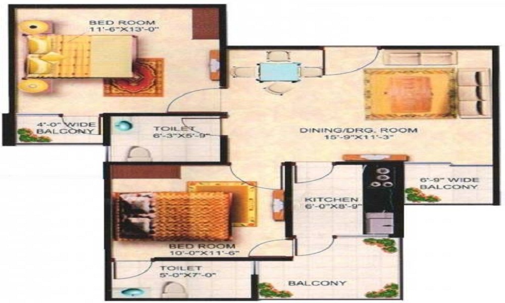 1 BHK+1T 750/sqft-saleable Sqft Apartment For Sale In Krishna Aprameya Garden In Raj Nagar Extension Floor Plan