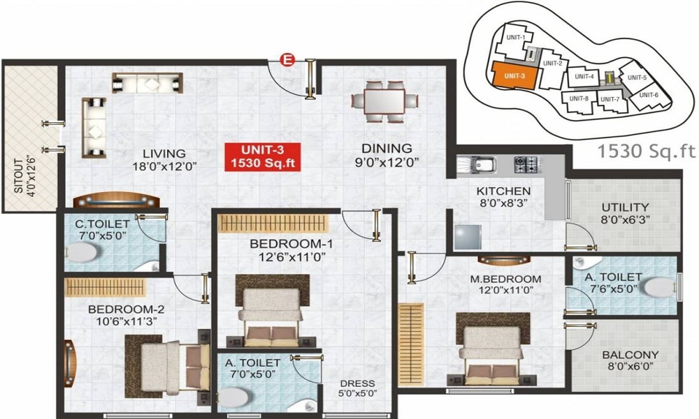 2 BHK+2T 950/sqft-saleable  Sqft Apartment For Sale In GK Tower In Whitefield Floor Plan