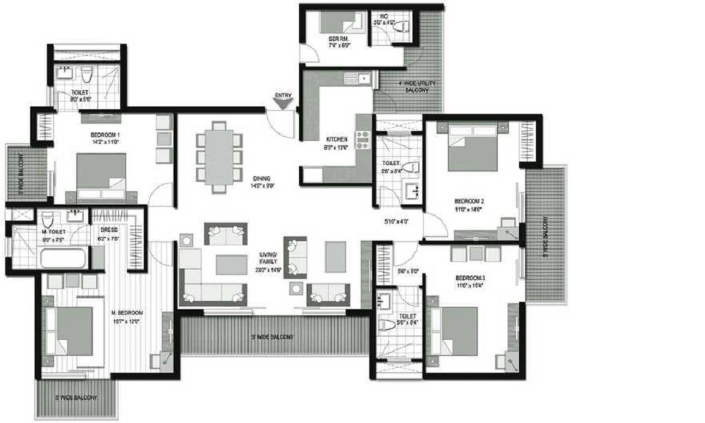 3 BHK+3T 1950/sqft-saleable  Sqft Apartment For Sale In Lotus Green Isle In Sector 98 Floor Plan