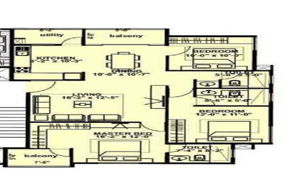 2 BHK+2T 850/sqft-saleable Sqft Apartment For Sale In ND Laurel In Whitefield Floor Plan