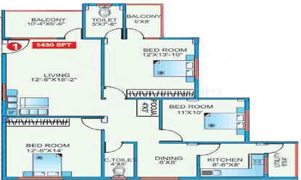 2 BHK+2T 1050/sqft-saleable Sqft Apartment For Sale In Radiant Rose In Bannerghatta Road Floor Plan