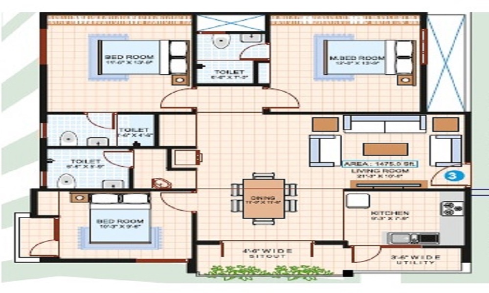 2 BHK+2T 1090/sqft-saleable  Sqft Apartment For Sale In Sai Sai Paradise Bangalore In Marathahalli Floor Plan