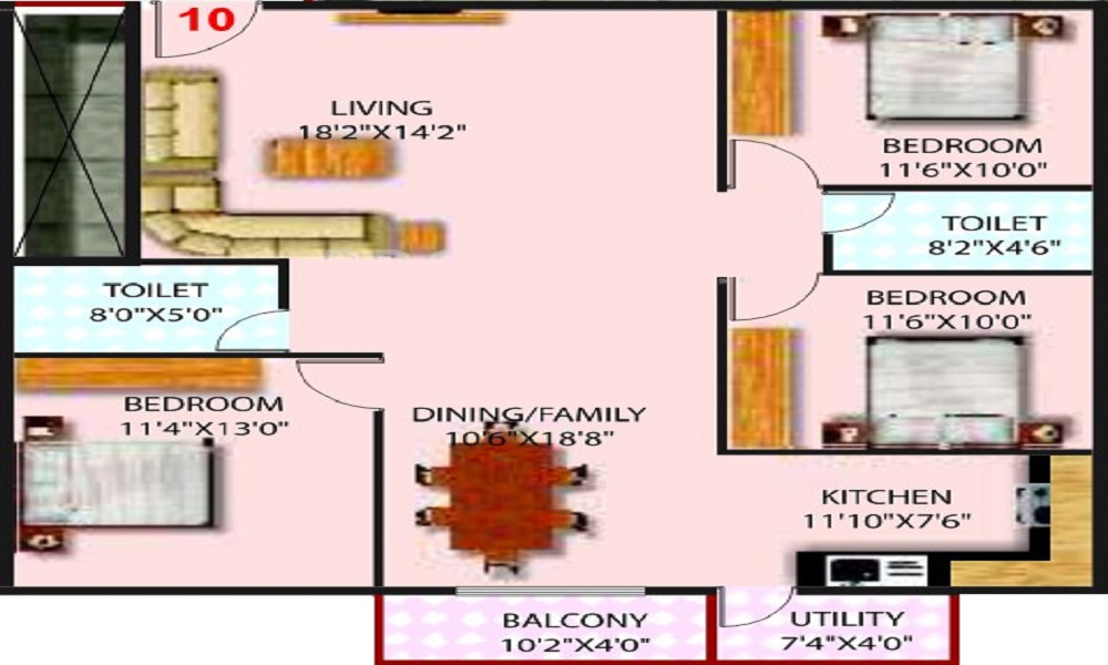 2 BHK+2T 1136/sqft-saleable  Sqft Apartment For Sale In SLV Sunflower In Whitefield Floor Plan