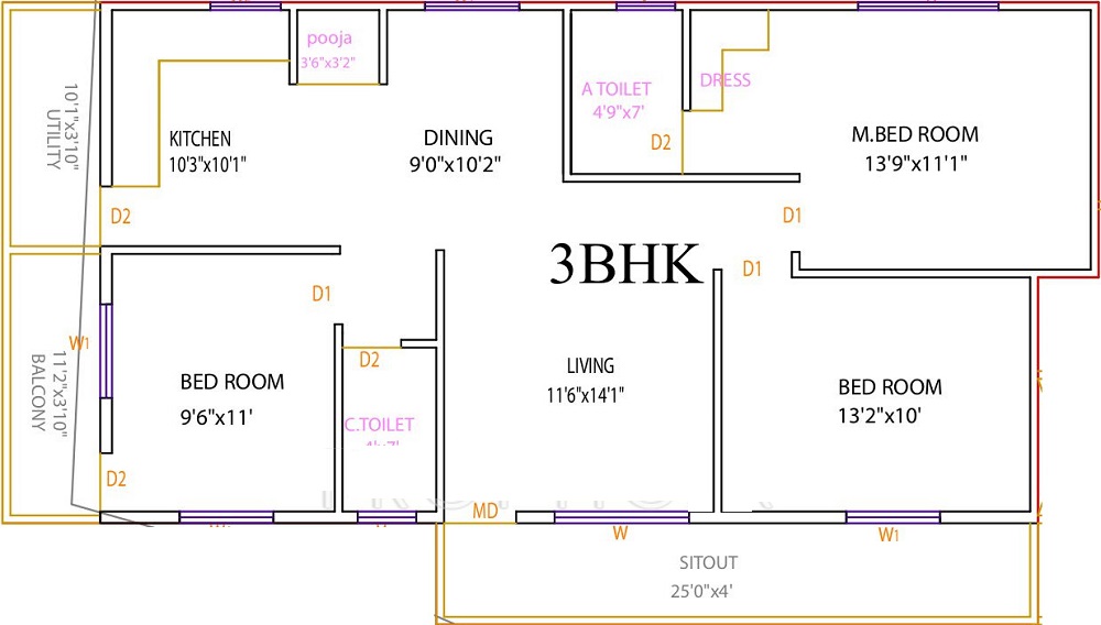 4 BHK+4T 1600/sqft-saleable Sqft Apartment For Sale In Vaastu Greens In Kengeri Floor Plan