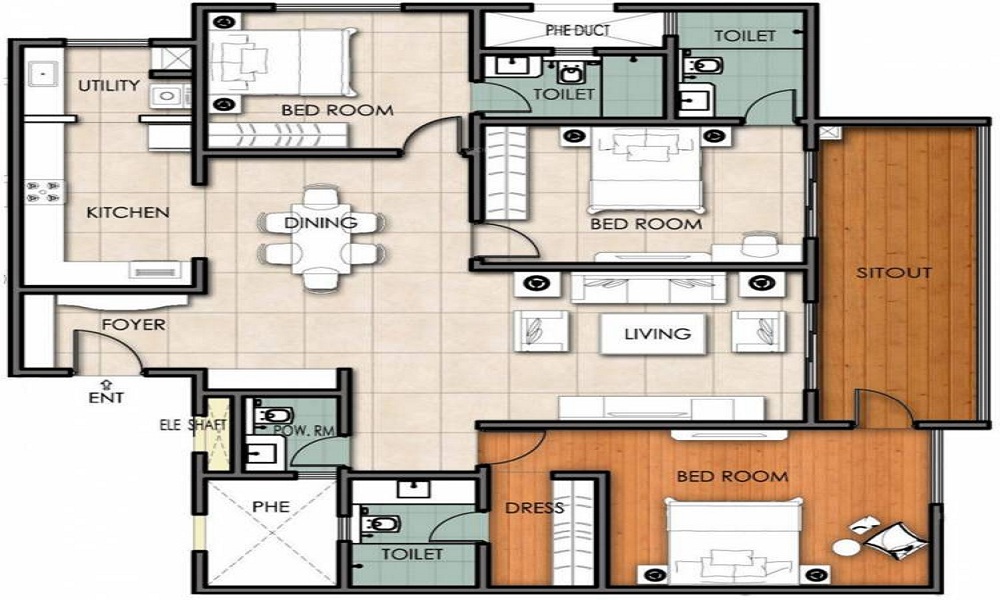 2 BHK+2T 1275/sqft-saleable Sqft Apartment For Sale In Epitome Elan In Kanakapura Road Floor Plan