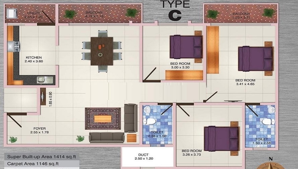 2 BHK+2T 901/sqft-saleable Sqft Apartment For Sale In MJ Lifestyle Aldila In Begur Road Floor Plan