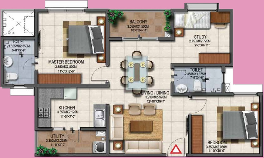 2 BHK+2T 940/sqft-saleable  Sqft Apartment For Sale In Pruthvi Paradise In Begur Road Floor Plan
