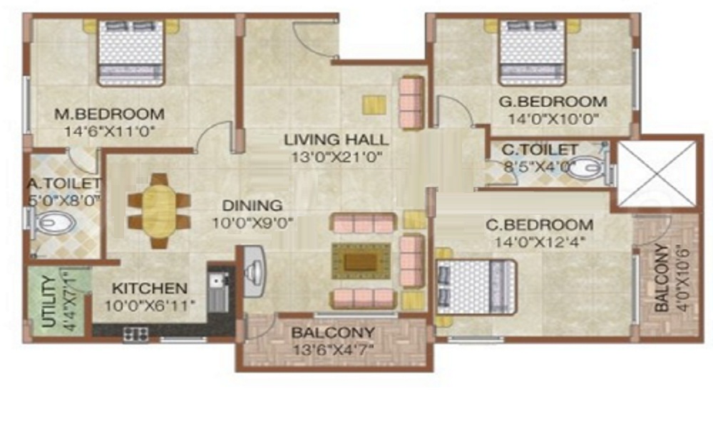 2 BHK+2T 1021/sqft-saleable Sqft Apartment For Sale In Dreamciti Bhanu Classic In Electronic City Floor Plan
