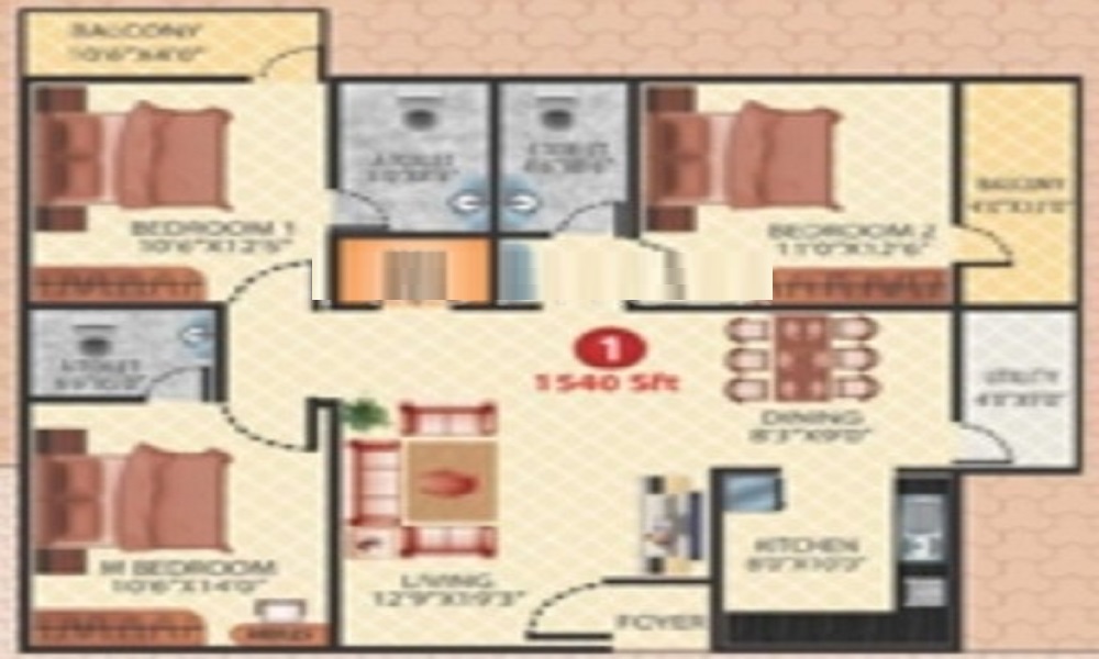 2 BHK+2T 1185/sqft-saleable Sqft Apartment For Sale In Hexa Sunrise In Bommana Halli Floor Plan
