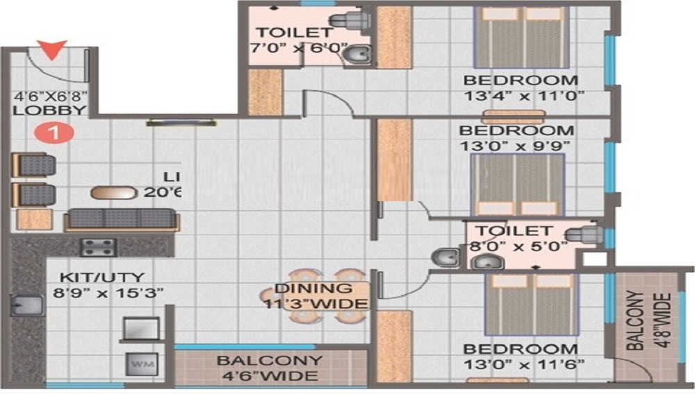 2 BHK+2T 1050/sqft-saleable  Sqft Apartment For Sale In Sai Samskruthi In Begur Floor Plan
