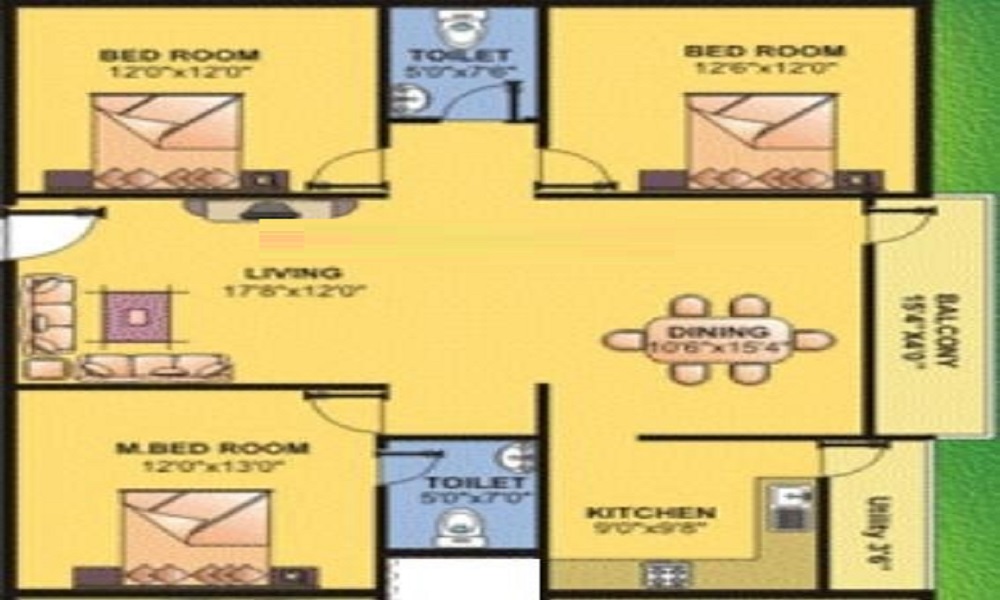 2 BHK+2T 1105/sqft-saleable  Sqft Apartment For Sale In BM Paradise In Brookefields Floor Plan