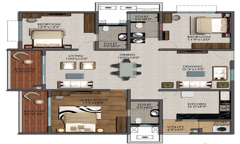 2 BHK+2T 1190/sqft-saleable  Sqft Apartment For Sale In Malibu Swarna Meridian Homes In Bilekahalli Floor Plan