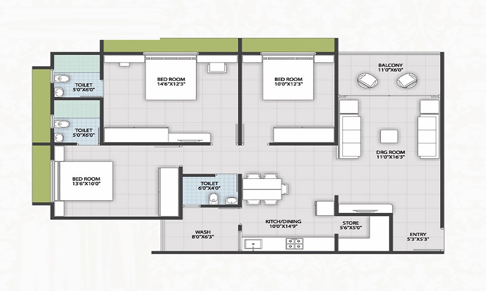 2 BHK+2T 1200/sqft-saleable Sqft Apartment For Sale In Elegant Cleveland In Frazer Town Floor Plan