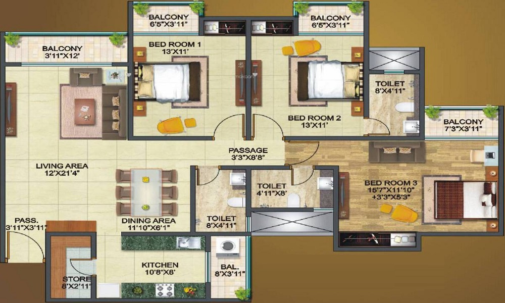 2 BHK+2T 1232/sqft-saleable Sqft Apartment For Sale In Kristal Moonstone In Indira Nagar Floor Plan