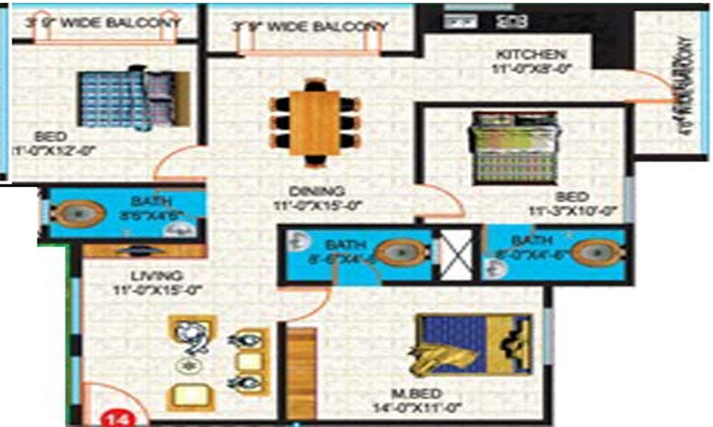 2 BHK+2T 1134/sqft-saleable  Sqft Apartment For Sale In GCN Green Springs In Whitefield Floor Plan