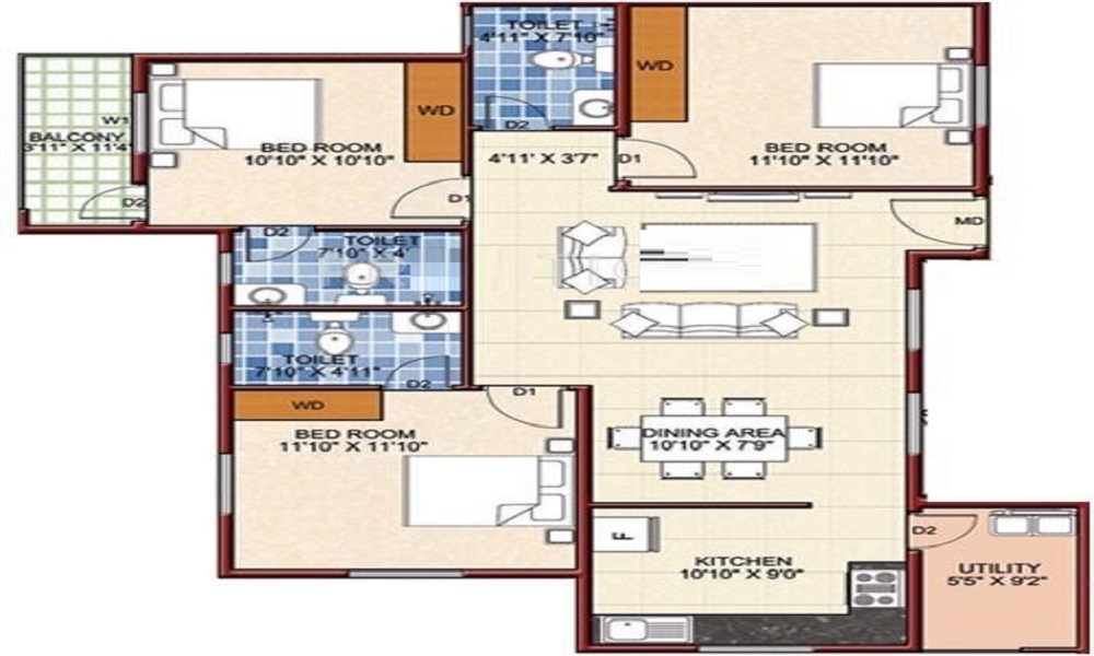 2 BHK+2T 1100/sqft-saleable Sqft Apartment For Sale In Abhaya Krishna Mohan Residency In Horamavu Floor Plan