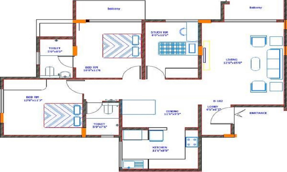 2 BHK+2T 800/sqft-saleable  Sqft Apartment For Sale In Manar Mansion In JP Nagar V Phase Floor Plan