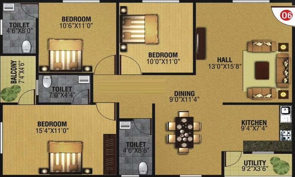 2 BHK+2T 1103/sqft-saleable  Sqft Apartment For Sale In NR White Rose In Harlur Floor Plan