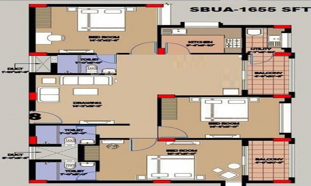2 BHK+2T 1145/sqft-saleable Sqft Apartment For Sale In Shravanthi Graces In JP Nagar Floor Plan