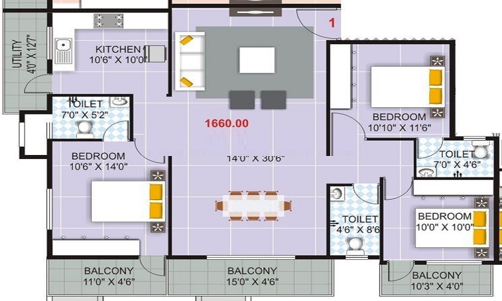 2 BHK+2T 1154/sqft-saleable  Sqft Apartment For Sale In Vandana Sarovar In HSR Layout Floor Plan