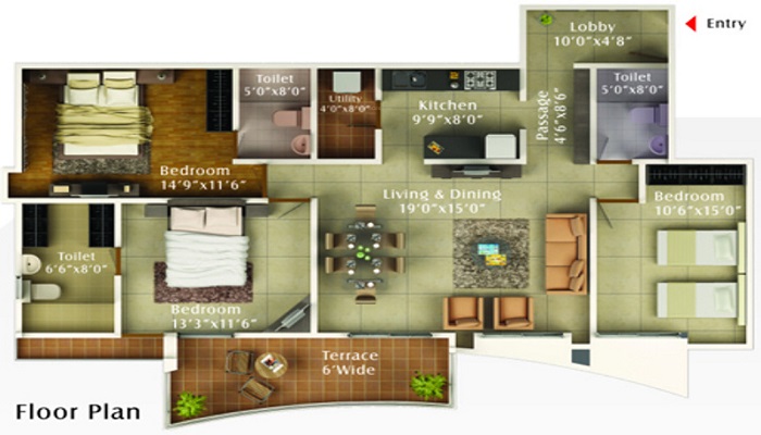 2 BHK+2T 1200/sqft-saleable Sqft Apartment For Sale In Kumar Kul Scapes In Kharadi Floor Plan