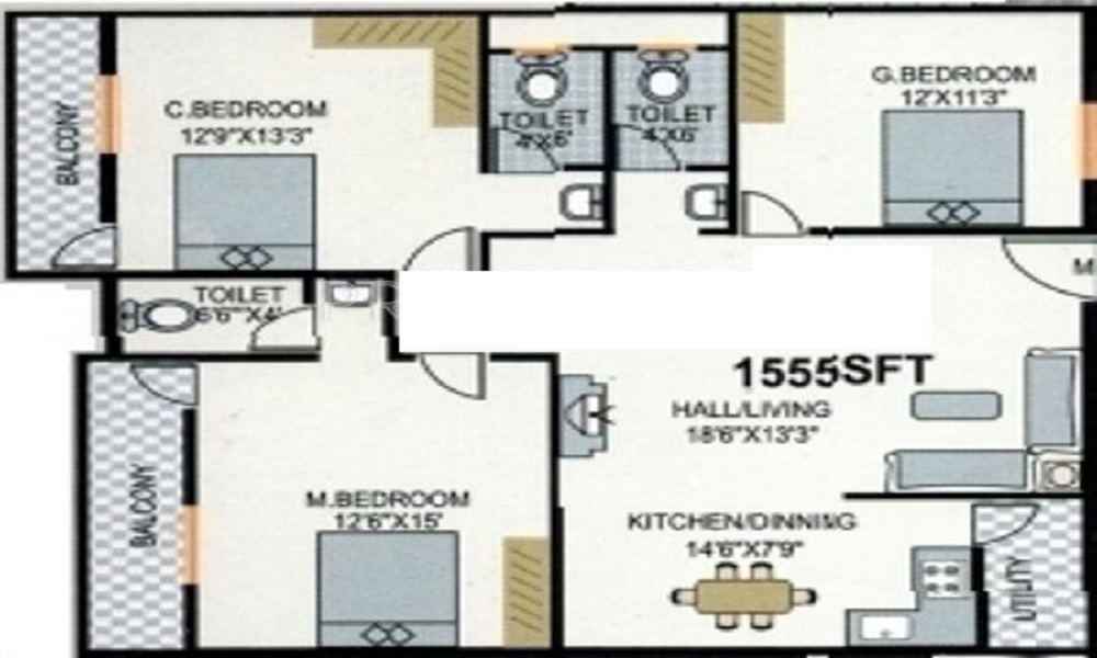 2 BHK+2T 880/sqft-saleable Sqft Apartment For Sale In Vaastu The Wood Rose In Kanakapura Road Floor Plan