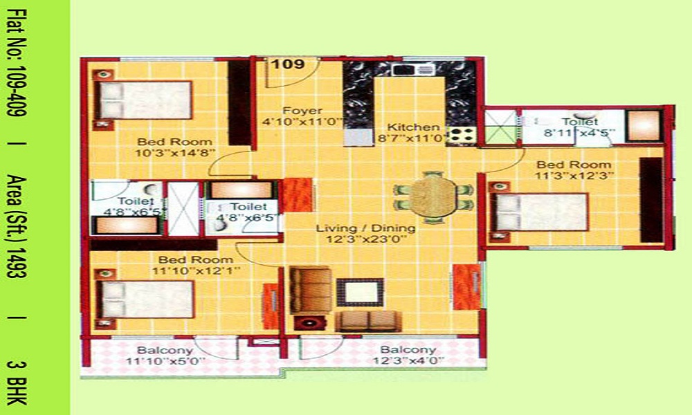2 BHK+2T 1184/sqft-saleable  Sqft Apartment For Sale In VKC Chourasia Manor Phase 1 In Bellandur Floor Plan