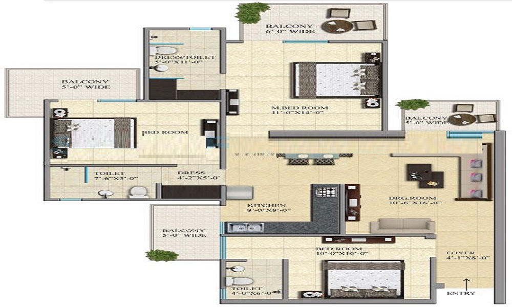 2 BHK+2T 900/sqft-saleable Sqft Apartment For Sale In Lake View Residency In Bannerghatta Road Floor Plan
