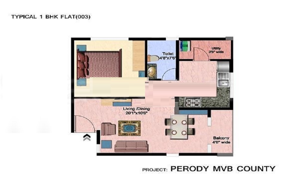 2 BHK+2T 1200/sqft-saleable Sqft Apartment For Sale In Perody MVB County In Bommana Halli Floor Plan