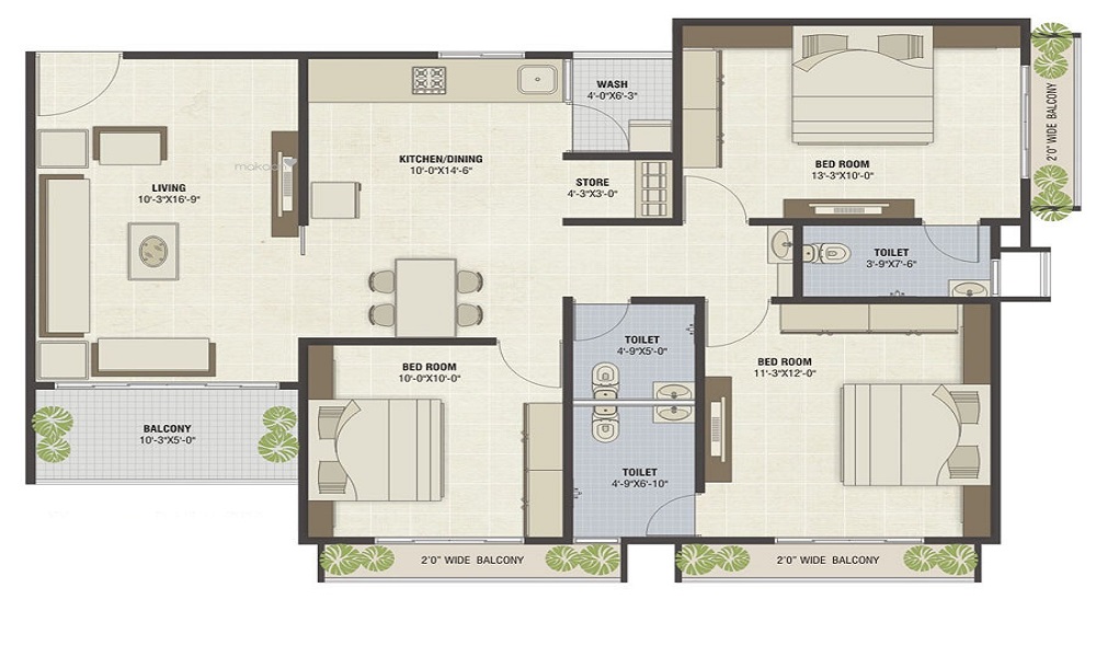 2 BHK+2T 928/sqft-saleable  Sqft Apartment For Sale In Chowdeshwari Thirumala Greenfields In Old Madras Road Floor Plan
