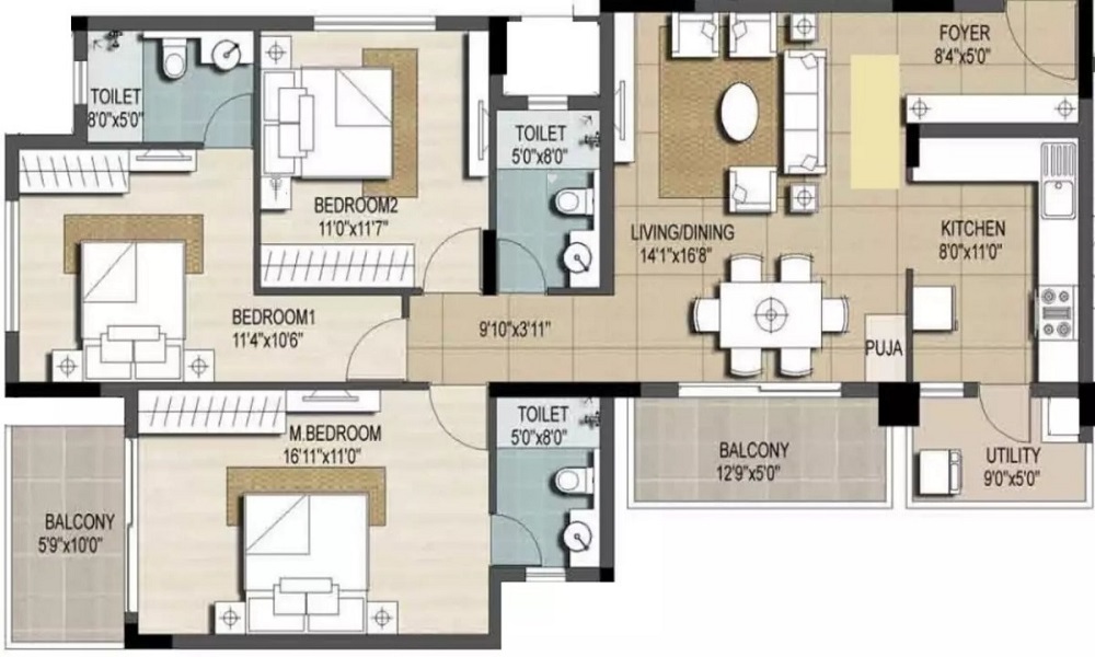 2 BHK+2T 1079/sqft-saleable  Sqft Apartment For Sale In CMRS Celestia In BEML Layout Floor Plan